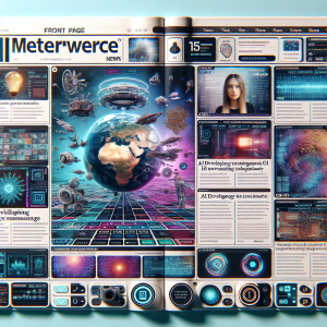 Imagine an elaborate front page of a digital newspaper called 'Meterverse News'. The front page is filled with captivating headlines and striking images related to recent technology advancements. Some subjects include AI development, blockchain technology, and the exploration of virtual worlds. Include a scrolling news ticker at the bottom of the page for quick updates. The design should be cutting-edge and visually pleasing to tech enthusiasts. The front-page layout is interactive with buttons to navigate this immersive tech world.